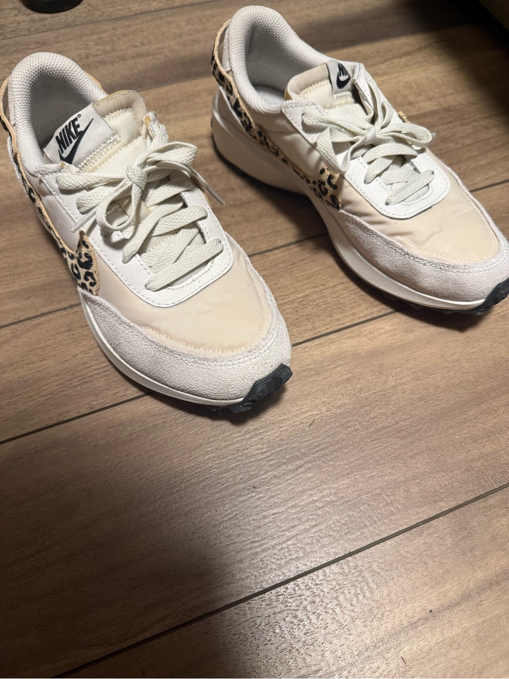 Nike Women's Cream Sneakers with Leopard Swoosh